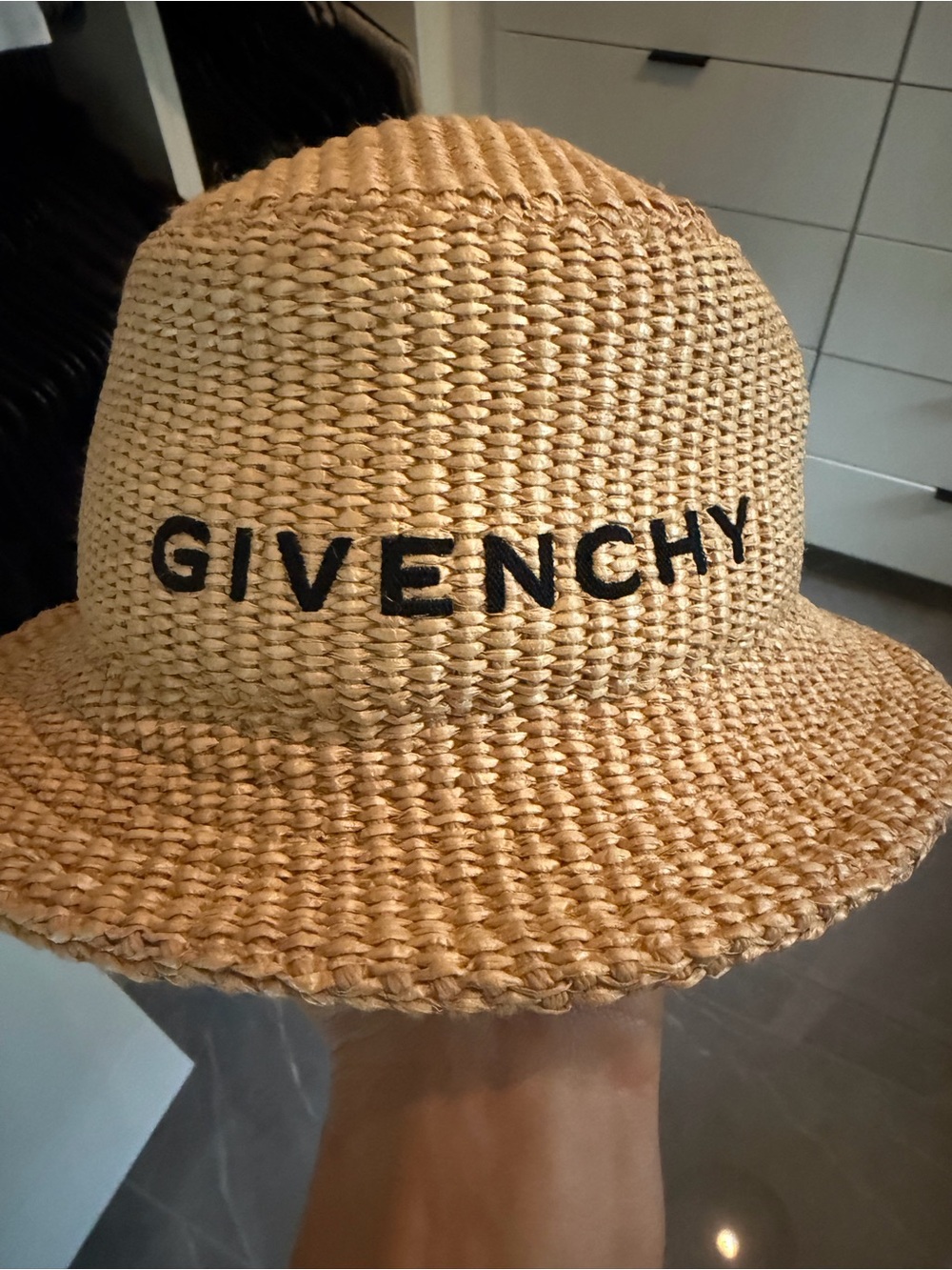 Givenchy Tan Straw Bucket Hat with Black Logo
